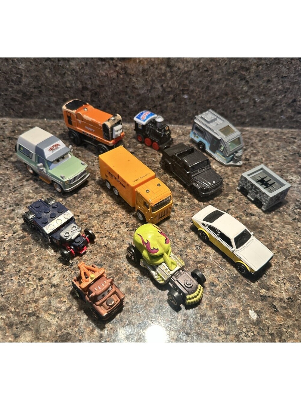 Lot 11 VTG Mixed Toy Cars Trains Trucks Hot Wheels Matchbox Cars Tow Truck